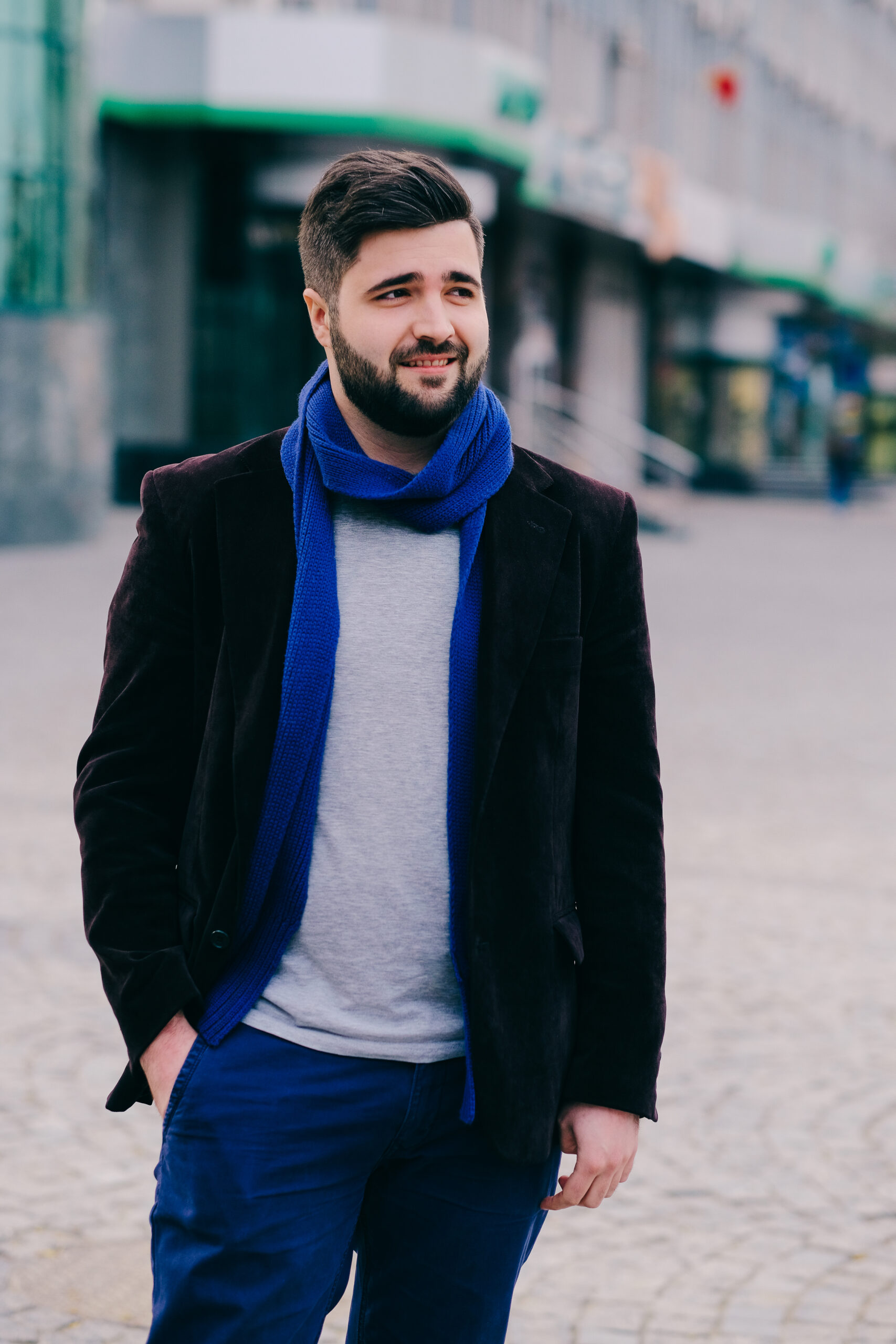 handsome young man on a walk in town